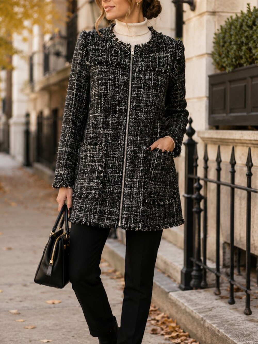 J. Crew Tweed Swing Lady Coat Raven Black Fringe Zip Jacket Size 0 H8294